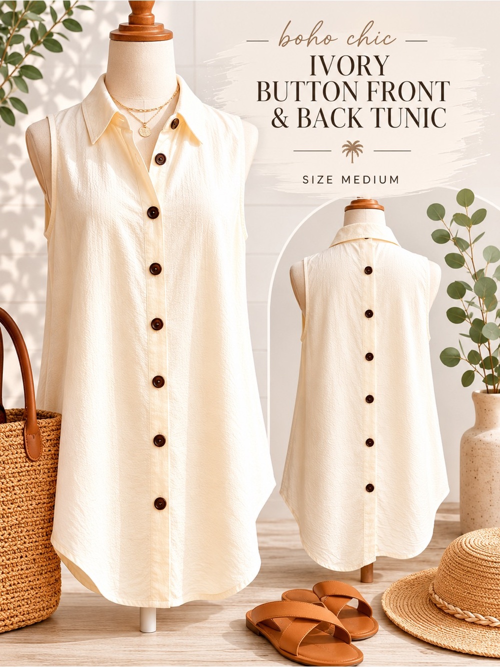 Coastal Ivory Tunic Top Button Front & Back Sleeveless Top Medium